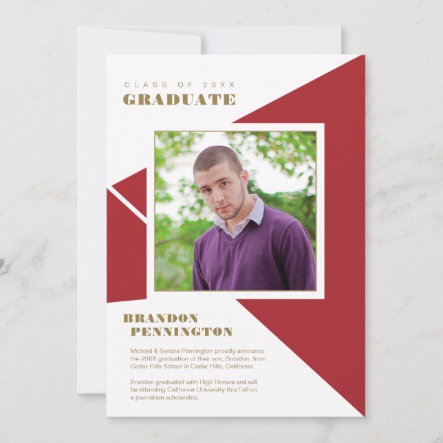 Geometric Red Color Block Triangles Graduation Announcement (Front)