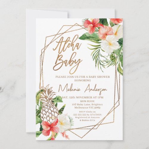 Geometric Red Floral Aloha Baby Baby Shower Invitation