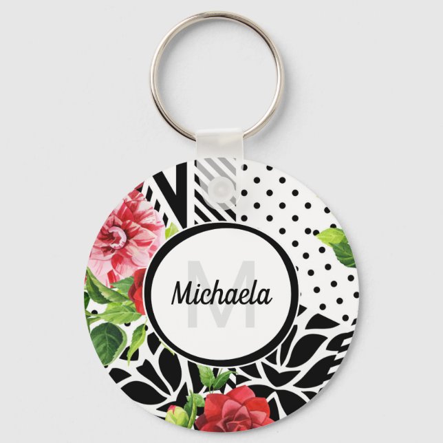 Geometric Red Floral Monogram Keychain (Front)