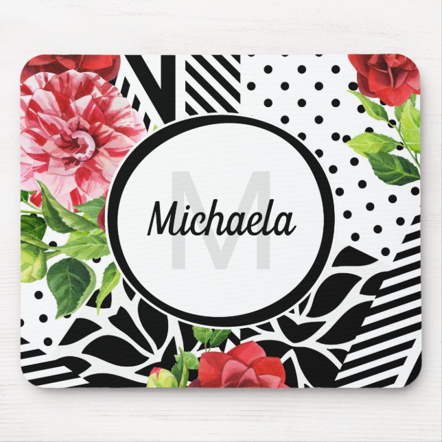 Geometric Red Floral Monogram Mouse Pad (Front)