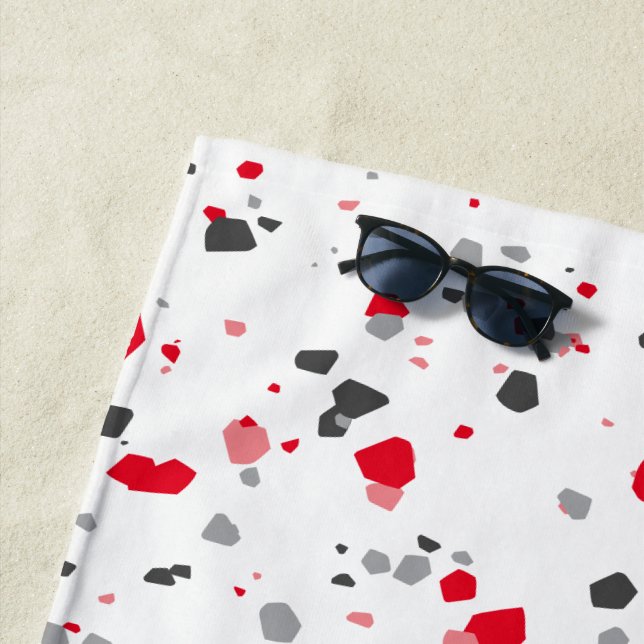 Geometric Red Gray Terrazzo Pattern Beach Towel (In Situ)