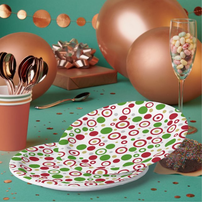Geometric Red Green Silver Gold Circles  Paper Plates (Multi)