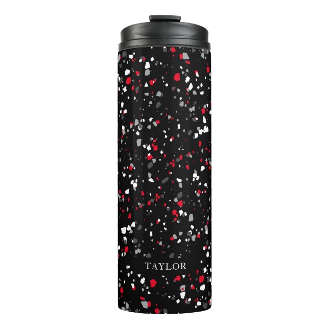 Geometric Red Grey Black Terrazzo Monogram Thermal Tumbler (Front)