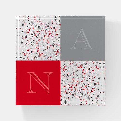 Geometric Red Grey Terrazzo with Monogram Paperweight