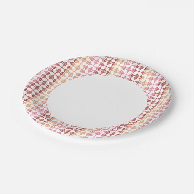 Geometric red ikat stripes pattern paper plates (Angled)