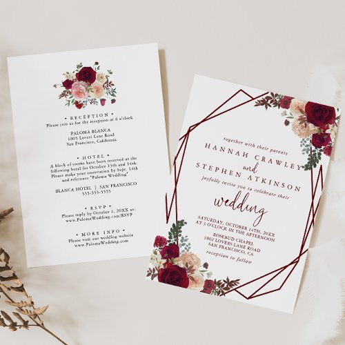 Geometric Red Pink Floral Front  Back Wedding  Invitation