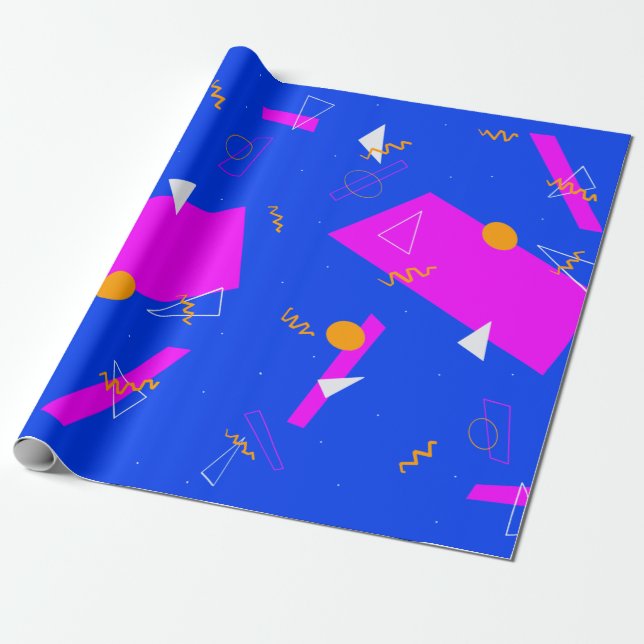 Geometric Retro 80s 90s Blue and Neon  Wrapping Paper (Unrolled)