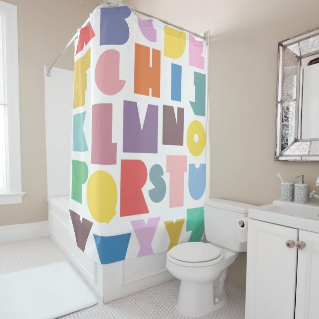 Geometric Retro Alphabet Shower Curtain (In Situ)