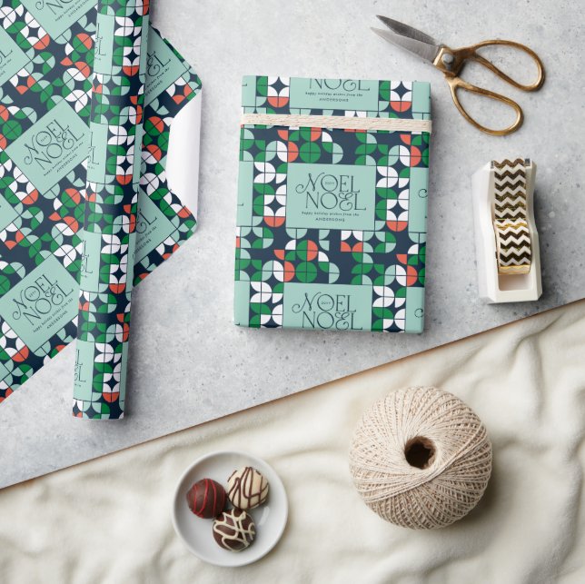geometric retro blue red green modern Christmas Wr Wrapping Paper (Crafts)