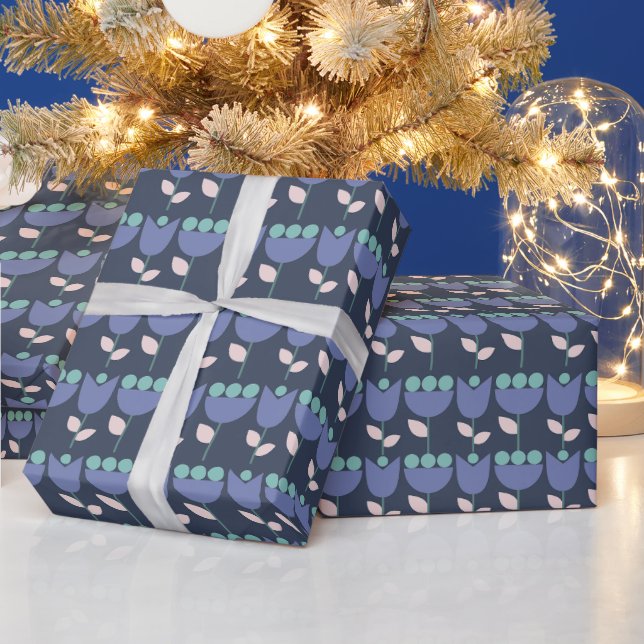 Geometric Retro Flower Bauhaus Navy Birthday  Wrapping Paper (Holidays)