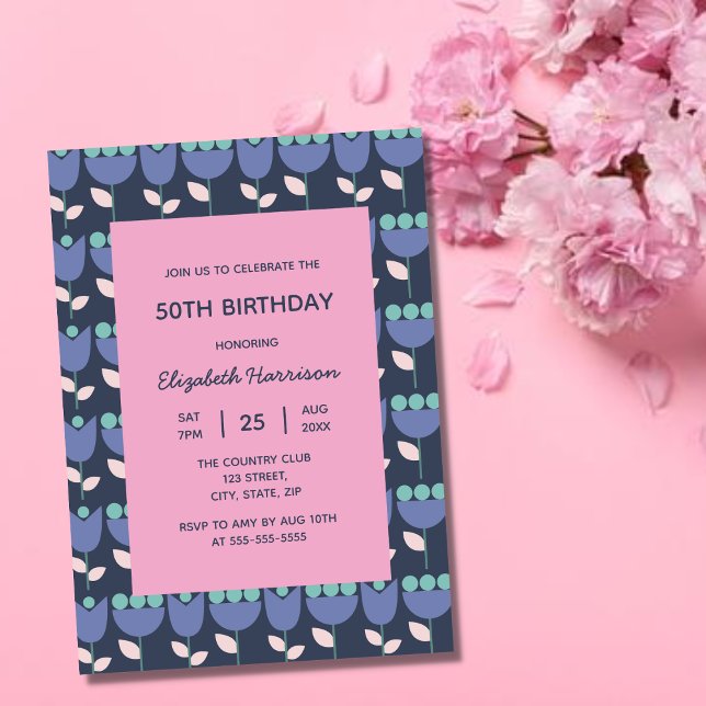 Geometric Retro Flower Bauhaus Navy Pink Birthday  Invitation (Creator Uploaded)