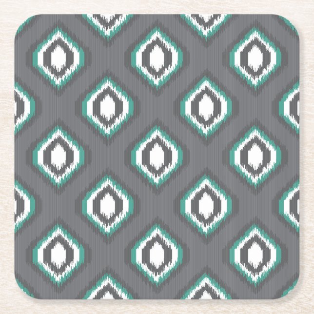 Geometric retro ikat tribal pattern square paper coaster (Front)