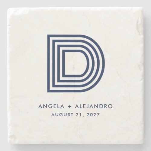 Geometric Retro Midnight Blue Wedding Monogram Stone Coaster