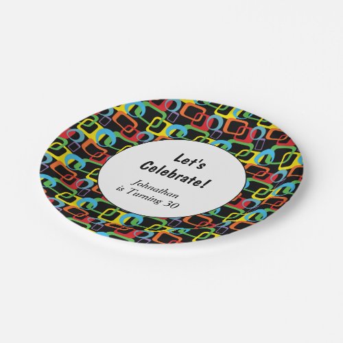 Geometric Retro Multicolored Pattern Birthday Paper Plates