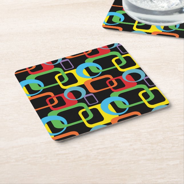 Geometric Retro Multicolored Pattern Square Paper Coaster (Angled)