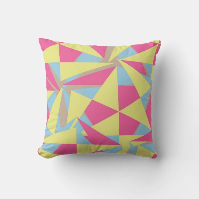 Geometric Retro Style Funky Pink Blue Yellow Grey Throw Pillow (Front)