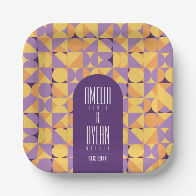 Geometric Retro Vibes Autumn wedding Paper Plates (Front)