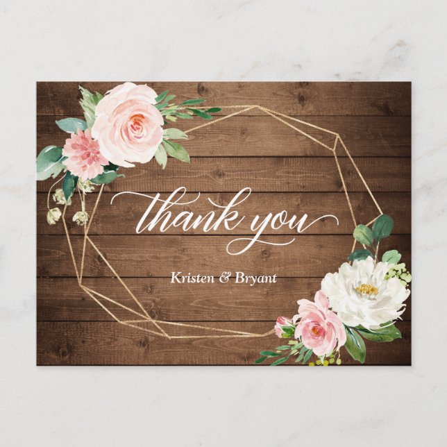 Geometric Romance Floral Rustic Wedding Thank You Postcard (Front)