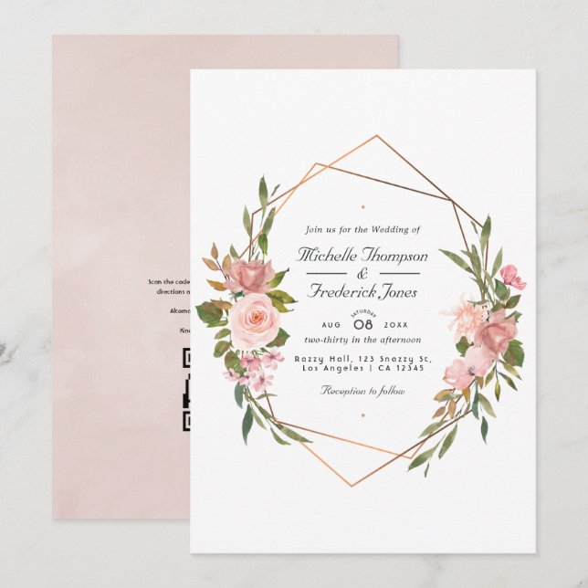 Geometric Rose Gold and Blush Pink Wedding Photo I Invitation (Front/Back)