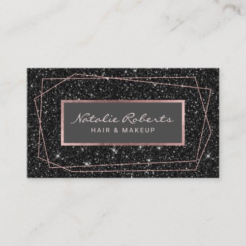 Geometric Rose Gold Black Glitter Makeup Artist Business Card