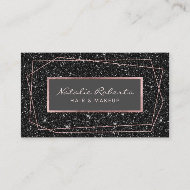 Geometric Rose Gold Black Glitter Makeup Artist Business Card (Front)