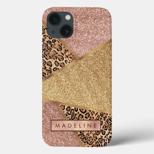 Geometric Rose Gold Blush Glitter Leopard iPhone 13 Case