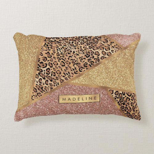 Geometric Rose Gold Blush Glitter Leopard Pattern Accent Pillow