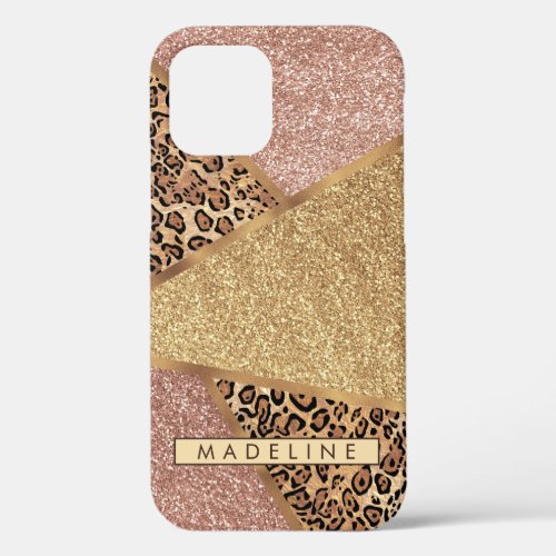 Geometric Rose Gold Blush Glitter Leopard Pattern iPhone 12 Case