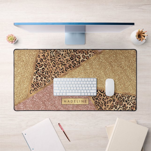 Geometric Rose Gold Blush Glitter Leopard Pattern Desk Mat (Office 1)