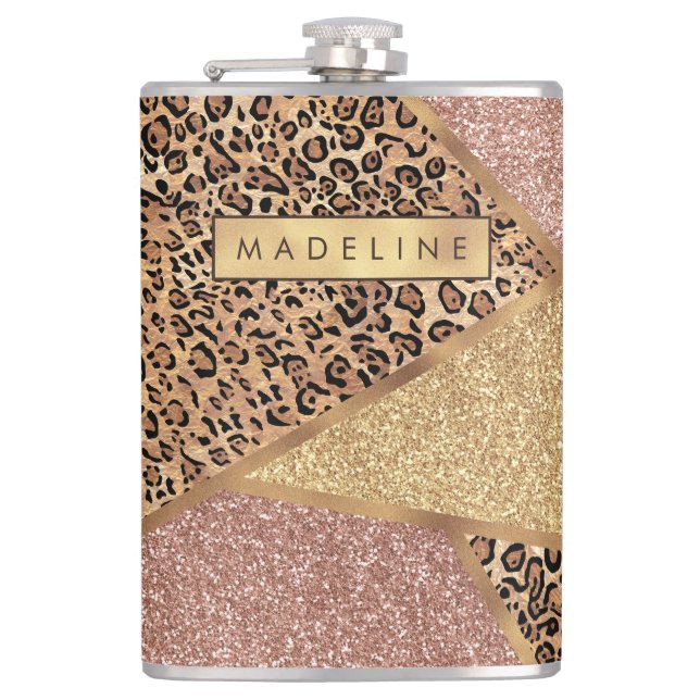 Geometric Rose Gold Blush Glitter Leopard Pattern Flask (Front)