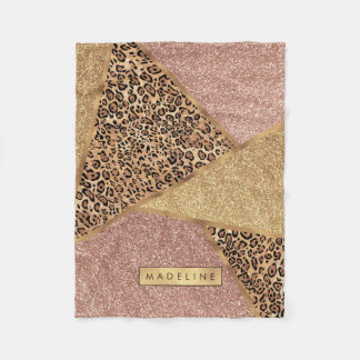 Geometric Rose Gold Blush Glitter Leopard Pattern Fleece Blanket