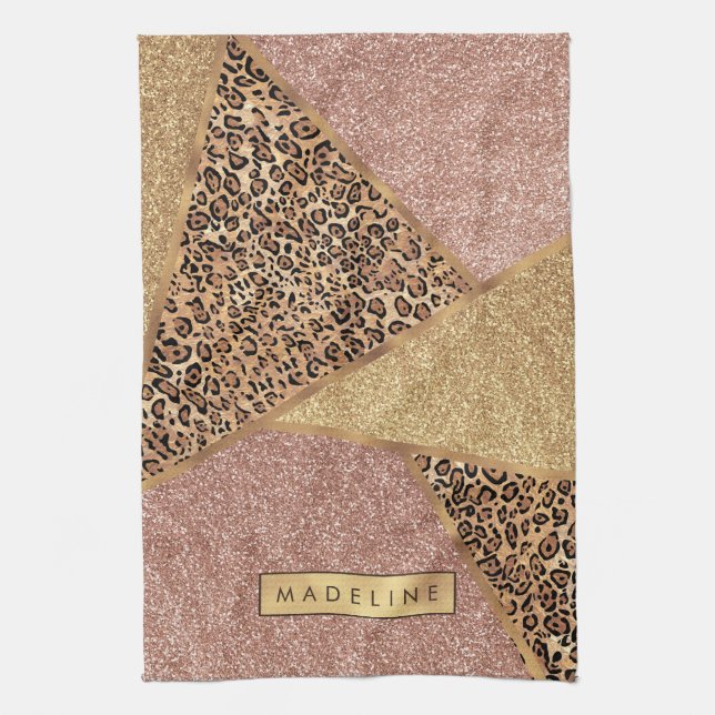 Geometric Rose Gold Blush Glitter Leopard Pattern Kitchen Towel (Vertical)