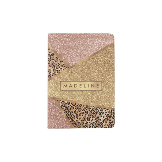 Geometric Rose Gold Blush Glitter Leopard Pattern Passport Holder (Front)