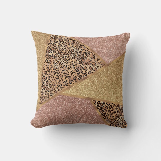 Geometric Rose Gold Blush Glitter Leopard Pattern Throw Pillow (Front)