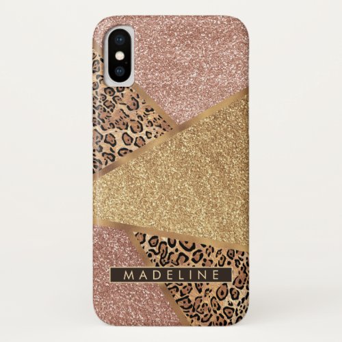 Geometric Rose Gold Blush Glitter Leopard Print iPhone X Case