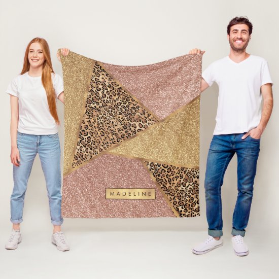 Geometric Rose Gold Blush Glitter Leopard Print Fleece Blanket