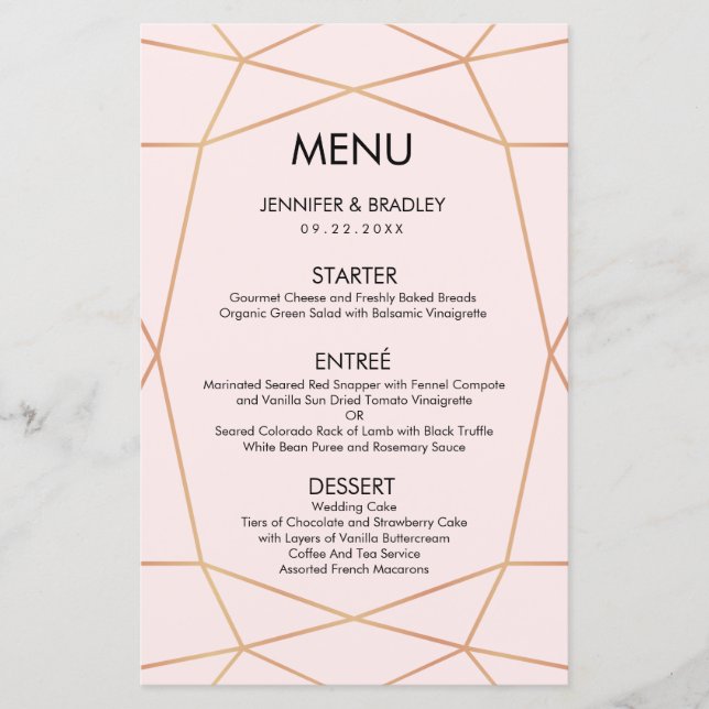 Geometric Rose Gold Dinner Menu | Custom Color (Front)
