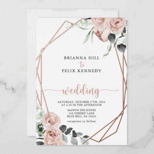 Geometric Rose Gold Floral Front  Back Wedding Foil Invitation
