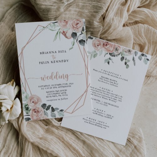 Geometric Rose Gold Floral Front  Back Wedding Foil Invitation