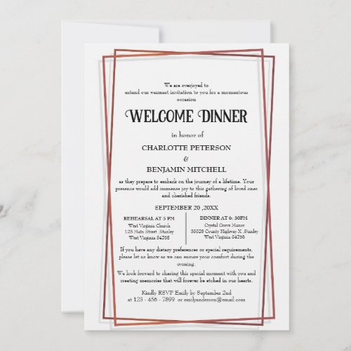 Geometric Rose Gold Frame Rehearsal Welcome Dinner Invitation