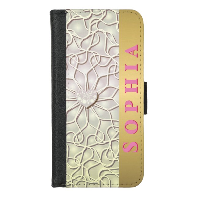 Geometric Rose Gold LOVE Heart Pattern iPhone Wallet Case (Front)