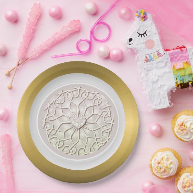 Geometric Rose Gold LOVE Heart Pattern Paper Plates (Party)