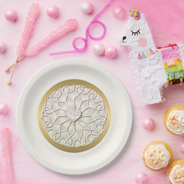 Geometric Rose Gold LOVE Heart Pattern Paper Plates (Party)