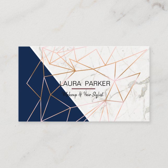 Geometric Rose Gold Marble Navy Blue Girly Business Card (Front)
