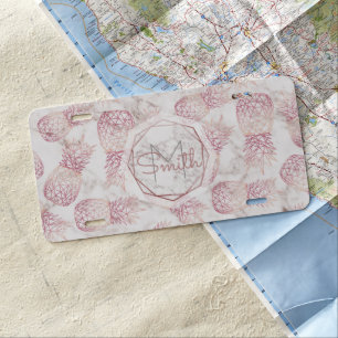 Geometric rose gold pineapples marble pattern license plate