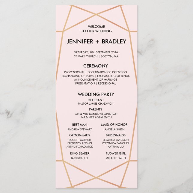Geometric Rose Gold Wedding Timeline | Custom Colo Program (Front)