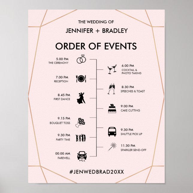 Geometric Rose Gold Wedding Timeline Sign (Front)
