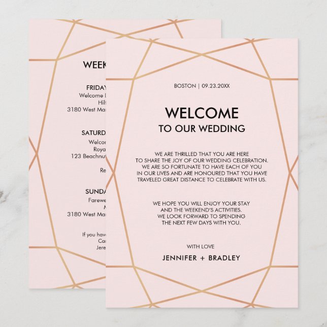Geometric Rose Gold Wedding Welcome Note Invitation (Front/Back)