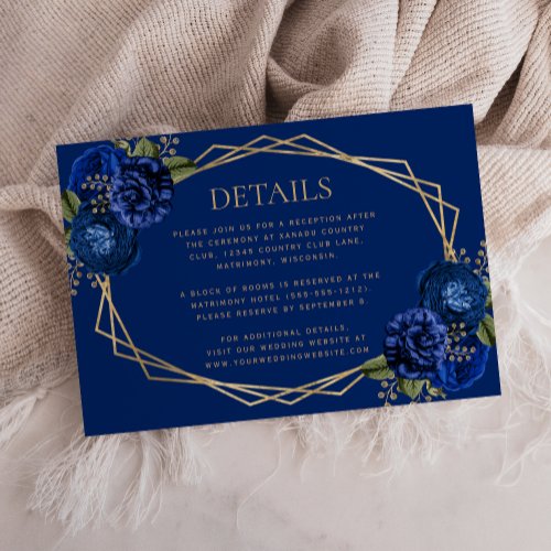 Geometric Royal Blue Floral Gold Wedding Details RSVP Card