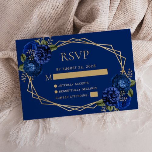 Geometric Royal Blue Floral Gold Wedding RSVP Card